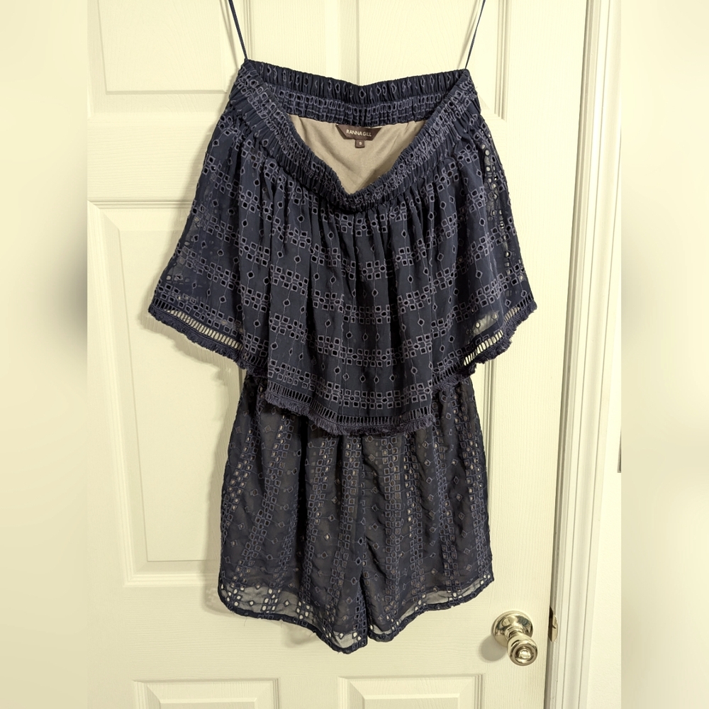 Anthropologie Ranna Gill blue romper off the shoulder layered eyelet size Small